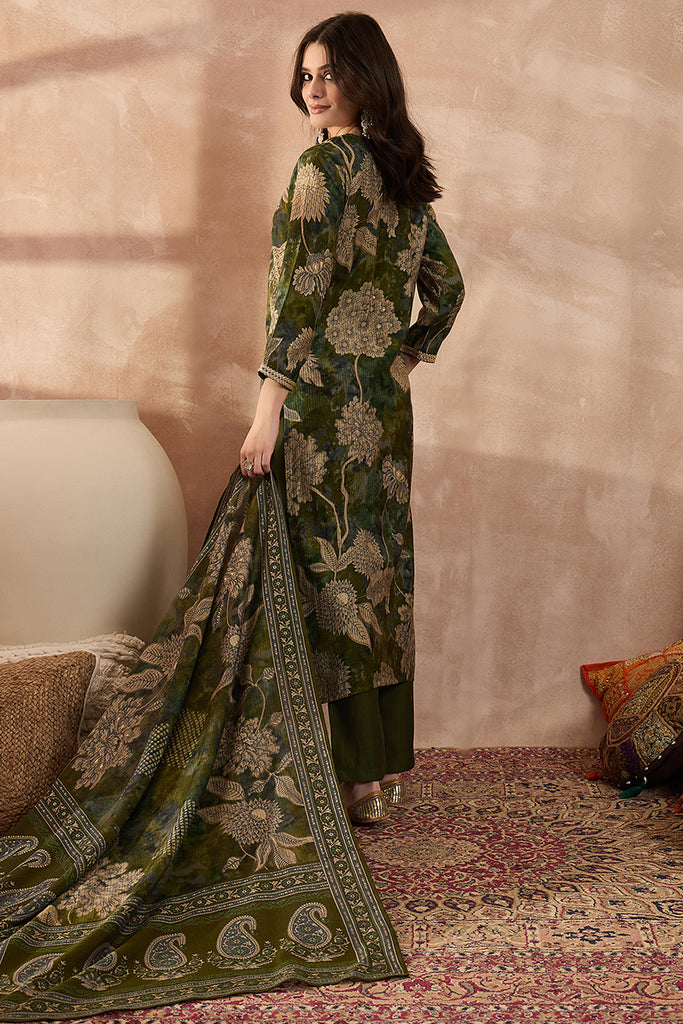 Green Polyester Floral Printed Straight Kurta Trousers With Dupatta PKSKD3206