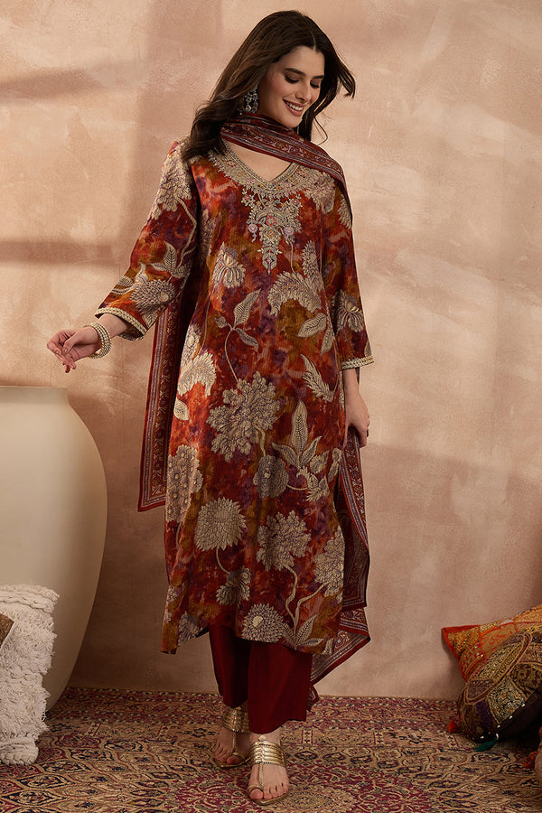 Brown Polyester Floral Printed Straight Kurta Trousers With Dupatta PKSKD3207