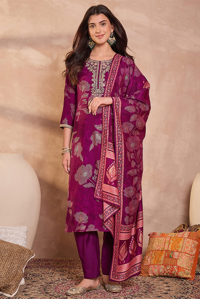 Purple Silk Blend Floral Printed Straight Kurta Trouser With Dupatta PKSKD3216