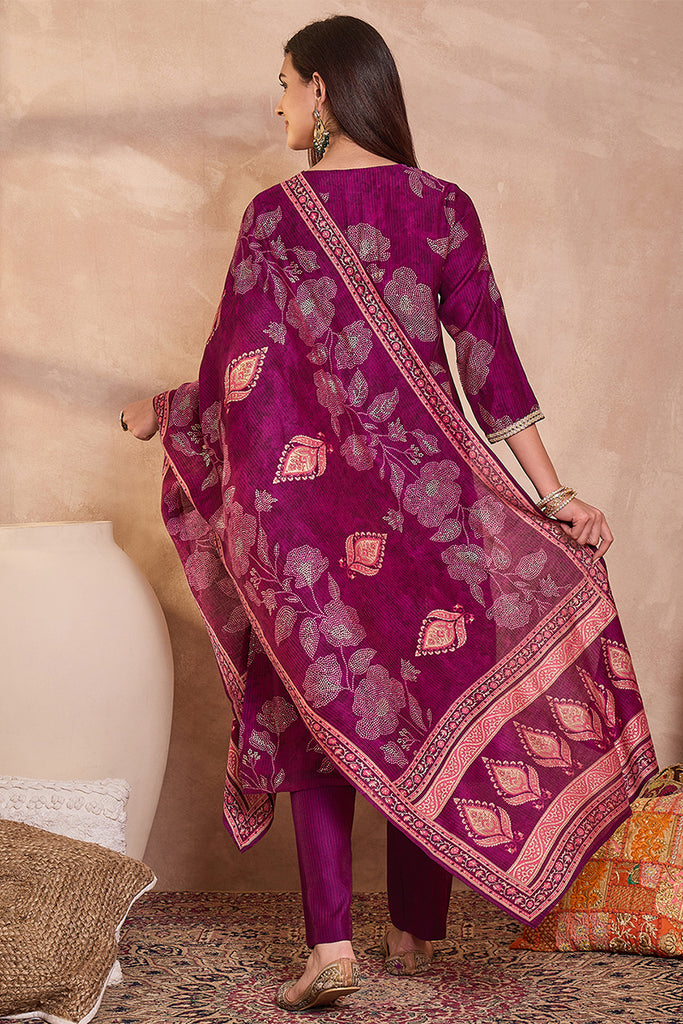 Purple Silk Blend Floral Printed Straight Kurta Trouser With Dupatta PKSKD3216