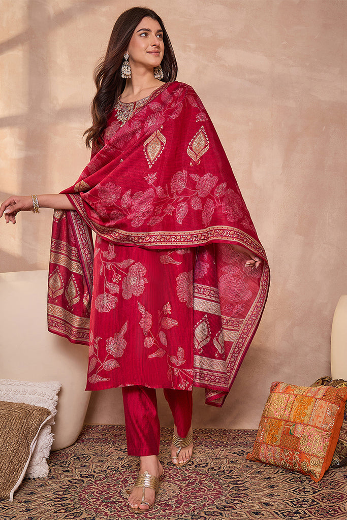 Pink Silk Blend Floral Printed Straight Kurta Trouser With Dupatta PKSKD3218