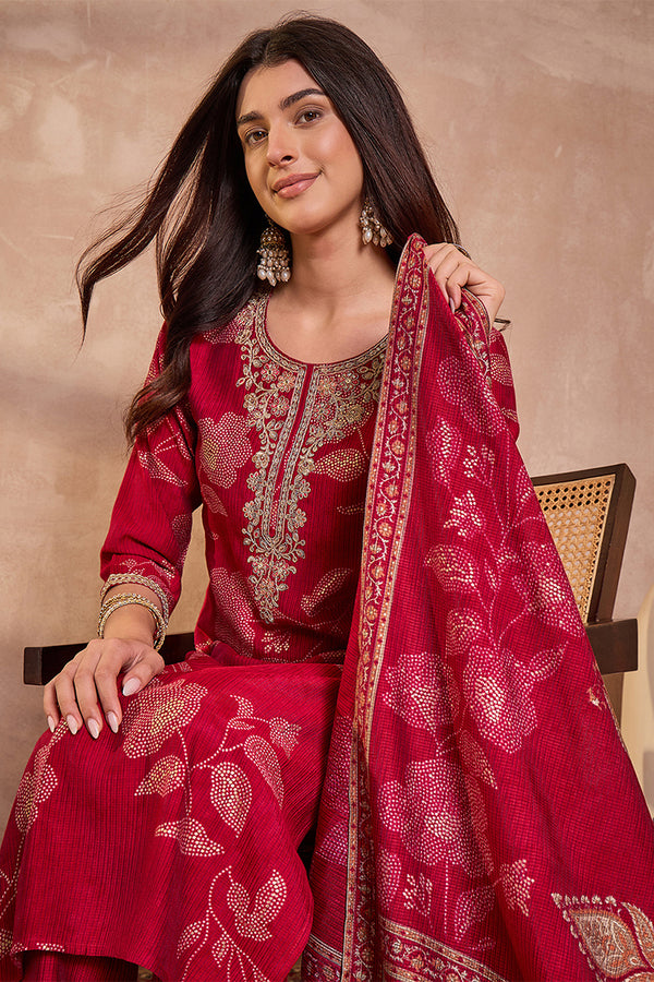 Pink Silk Blend Floral Printed Straight Kurta Trouser With Dupatta PKSKD3218