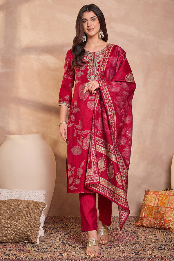 Pink Silk Blend Floral Printed Straight Kurta Trouser With Dupatta PKSKD3218
