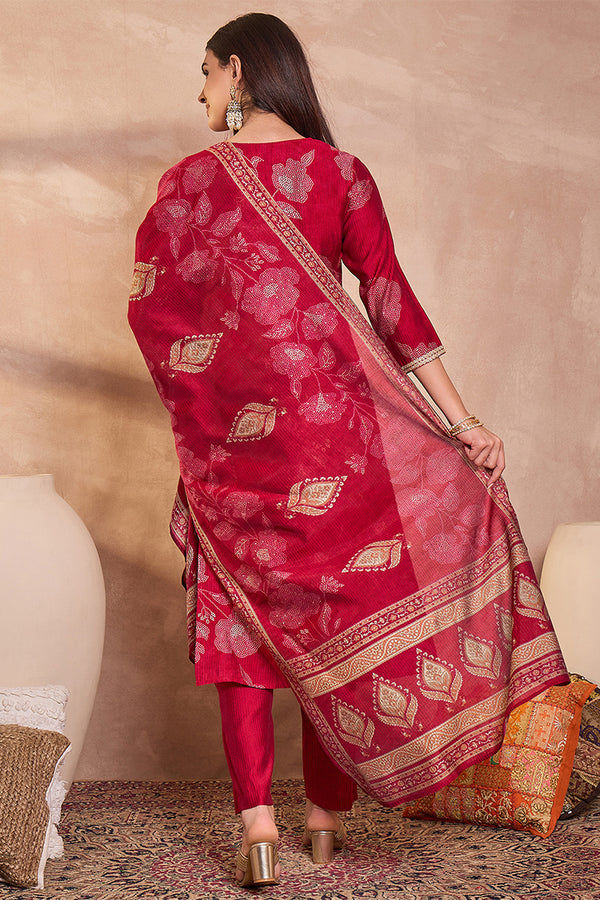 Pink Silk Blend Floral Printed Straight Kurta Trouser With Dupatta PKSKD3218