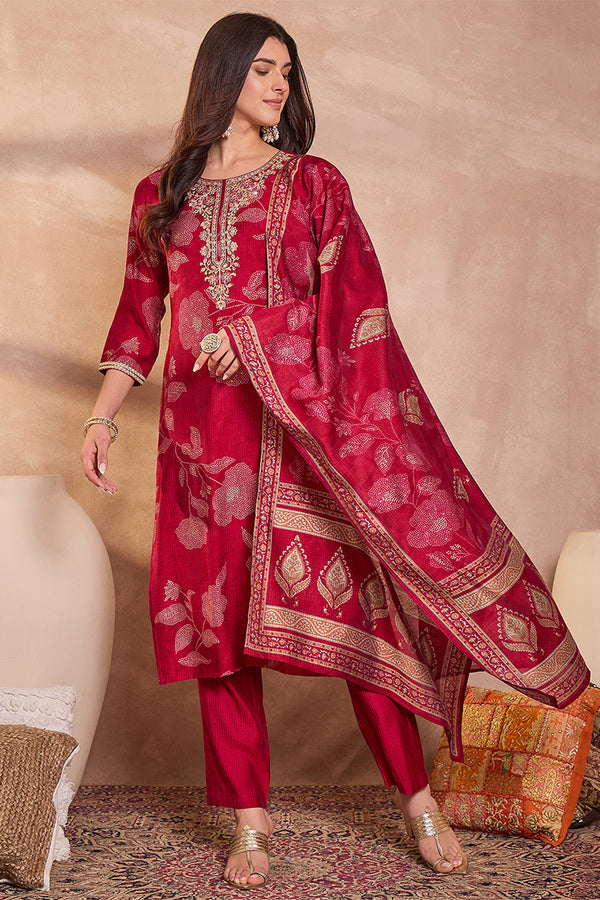 Pink Silk Blend Floral Printed Straight Kurta Trouser With Dupatta PKSKD3218