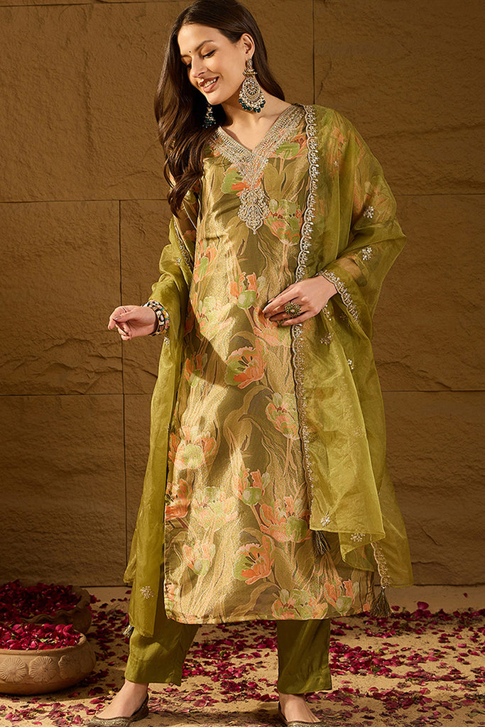 Green Silk Blend Floral Woven Design Straight Kurta Trousers With Dupatta SKSKD3004