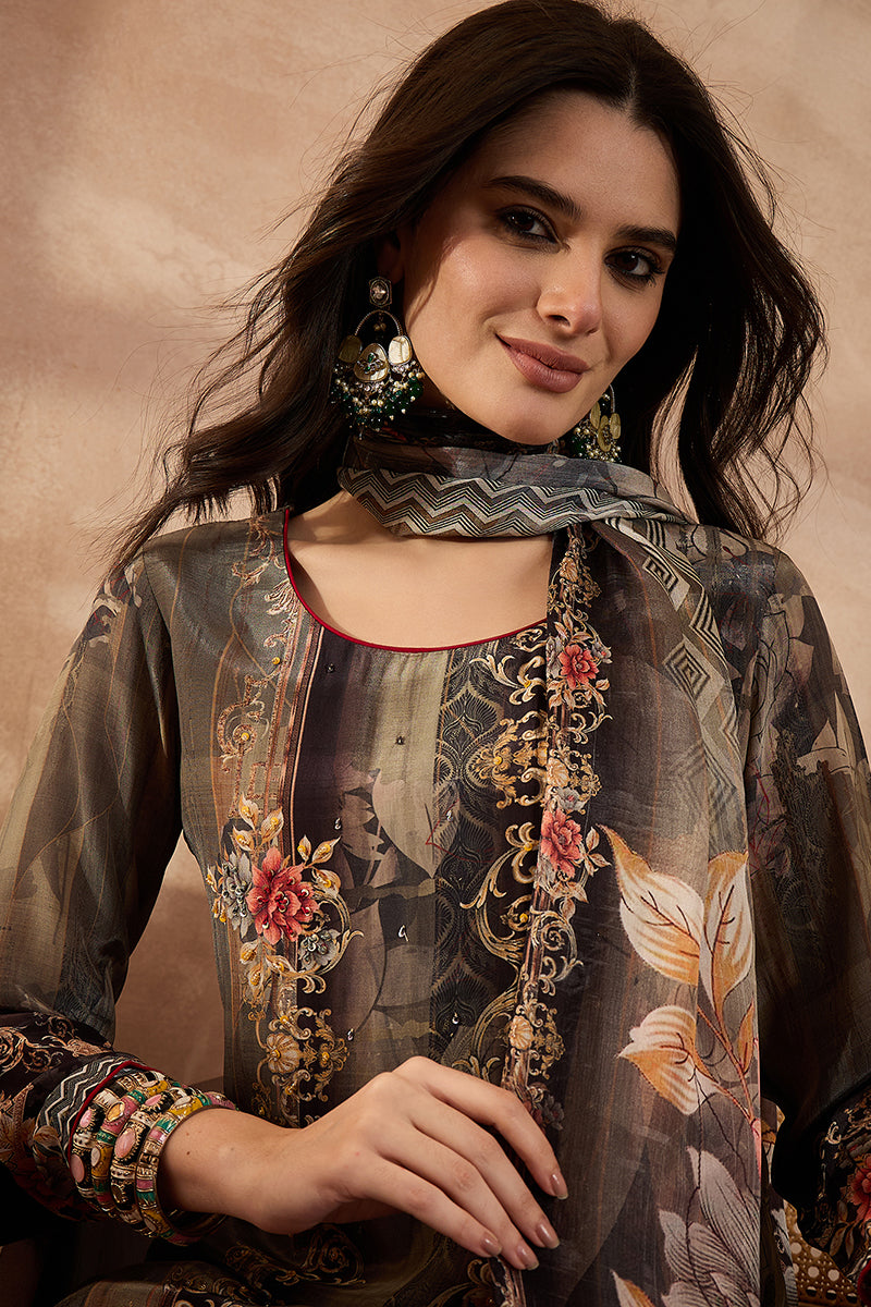 Green Poly Crepe Floral Printed Straight Kurta Trousers With Dupatta SKSKD3013