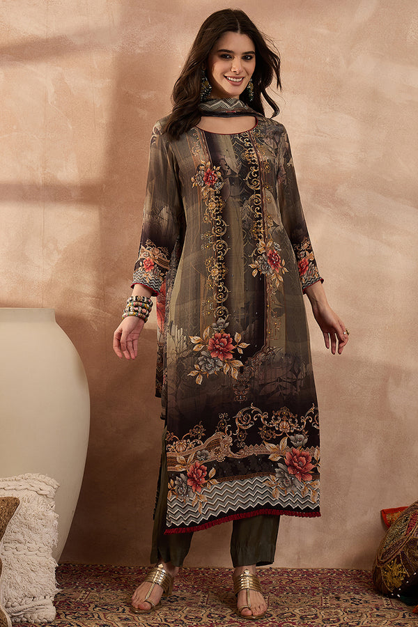 Green Poly Crepe Floral Printed Straight Kurta Trousers With Dupatta SKSKD3013
