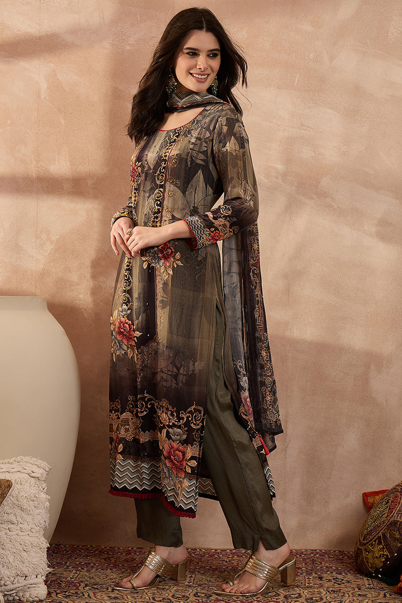 Green Poly Crepe Floral Printed Straight Kurta Trousers With Dupatta SKSKD3013
