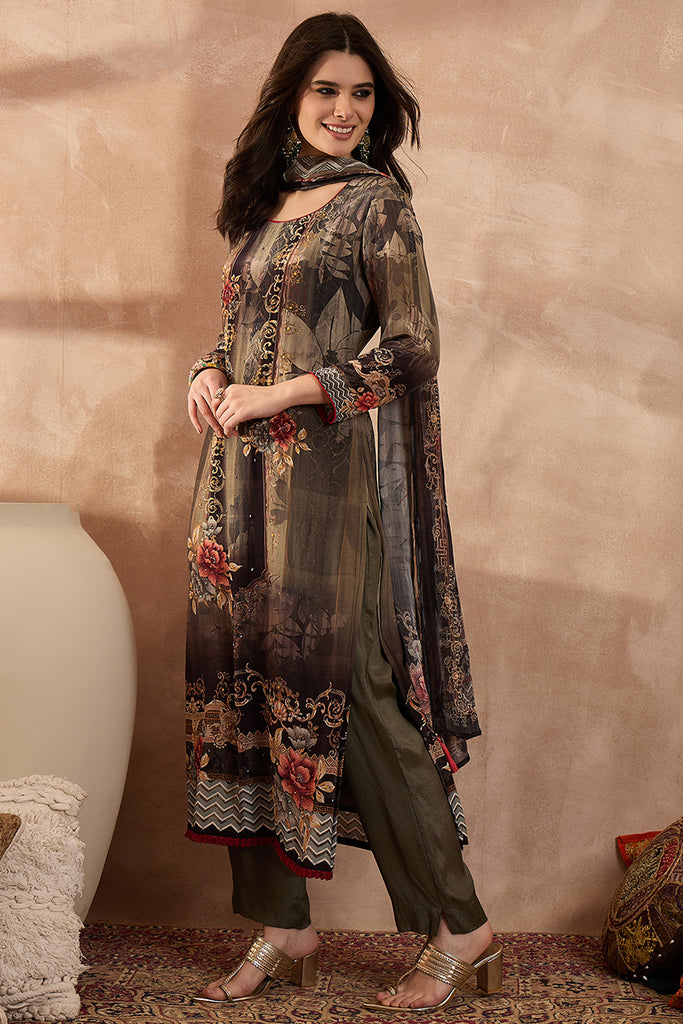 Green Poly Crepe Floral Printed Straight Kurta Trousers With Dupatta SKSKD3013