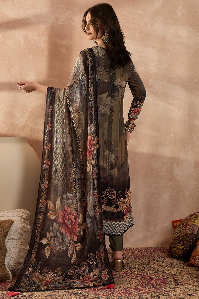 Green Poly Crepe Floral Printed Straight Kurta Trousers With Dupatta SKSKD3013