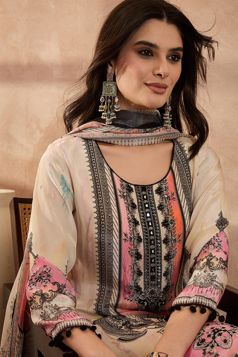 Off White Pure Silk Solid Printed Straight Kurta Trousers With Dupatta SKSKD3017