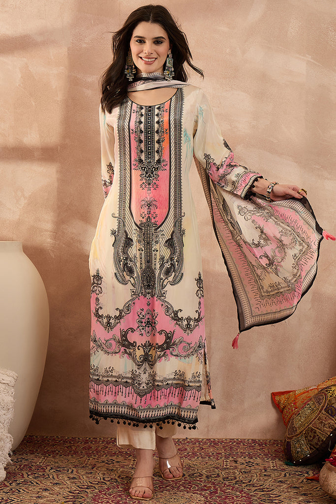 Off White Pure Silk Solid Printed Straight Kurta Trousers With Dupatta SKSKD3017