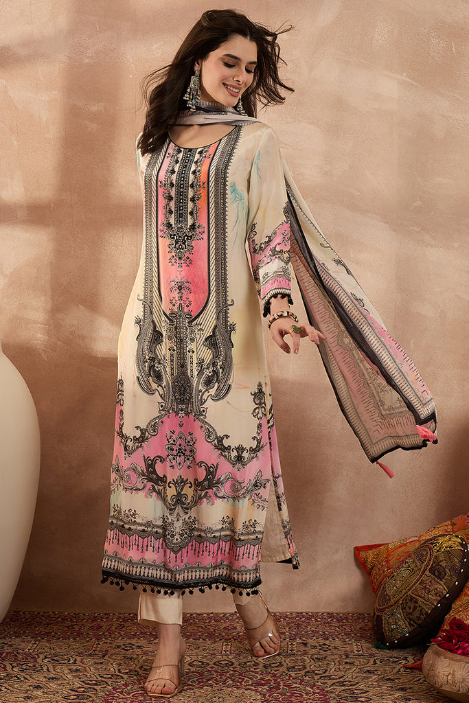 Off White Pure Silk Solid Printed Straight Kurta Trousers With Dupatta SKSKD3017