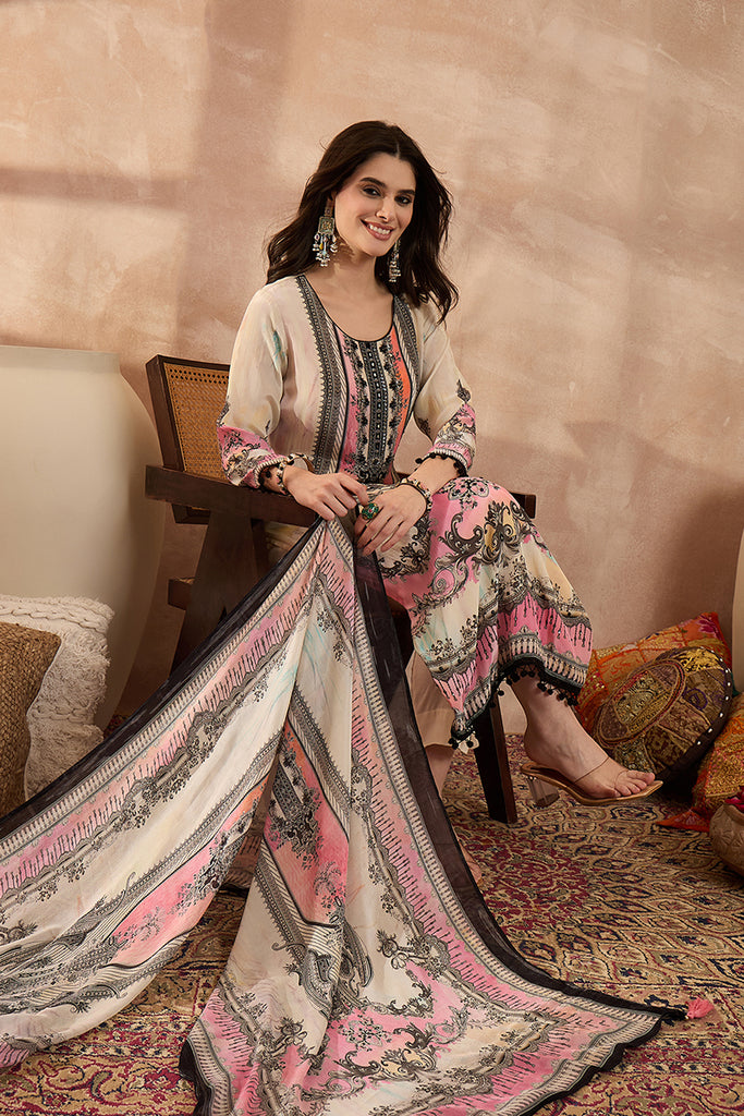 Off White Pure Silk Solid Printed Straight Kurta Trousers With Dupatta SKSKD3017