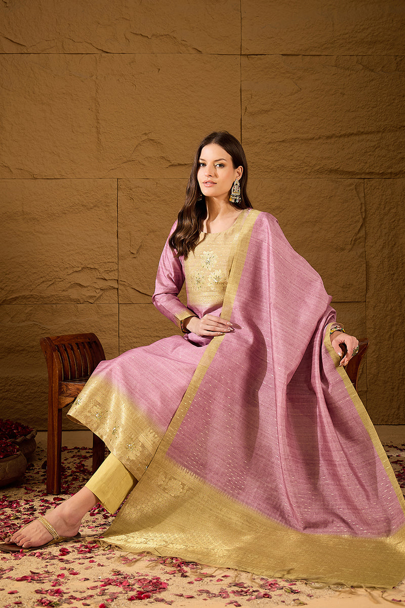 Pink Silk Blend Solid Woven Design Straight Kurta Trousers With Dupatta SKSKD3025
