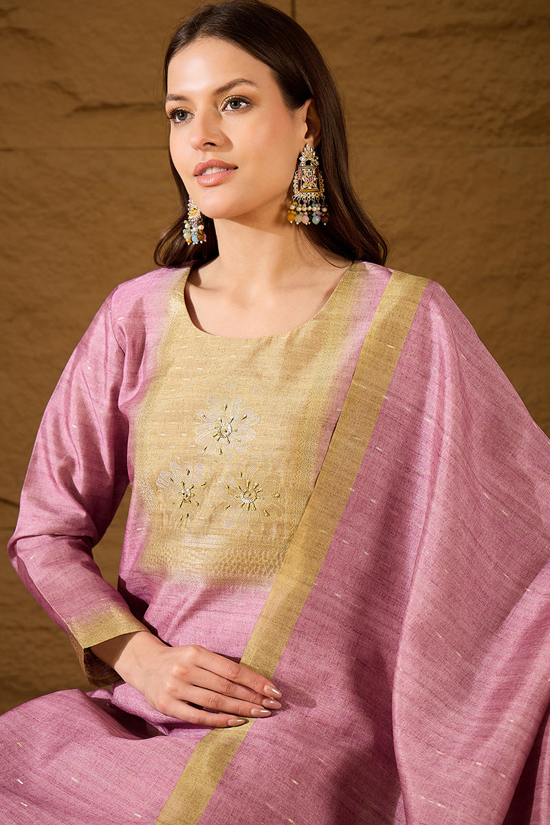 Pink Silk Blend Solid Woven Design Straight Kurta Trousers With Dupatta SKSKD3025