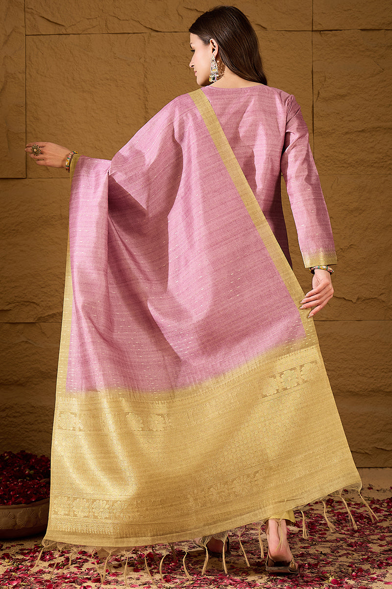 Pink Silk Blend Solid Woven Design Straight Kurta Trousers With Dupatta SKSKD3025