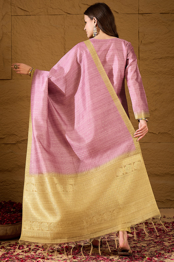 Pink Silk Blend Solid Woven Design Straight Kurta Trousers With Dupatta SKSKD3025