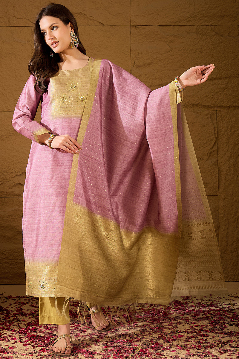 Pink Silk Blend Solid Woven Design Straight Kurta Trousers With Dupatta SKSKD3025