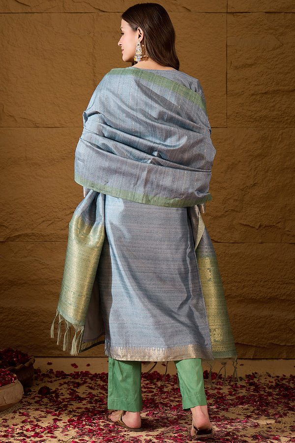 Blue Silk Blend Solid Woven Design Straight Kurta Trouser With Dupatta SKSKD3026