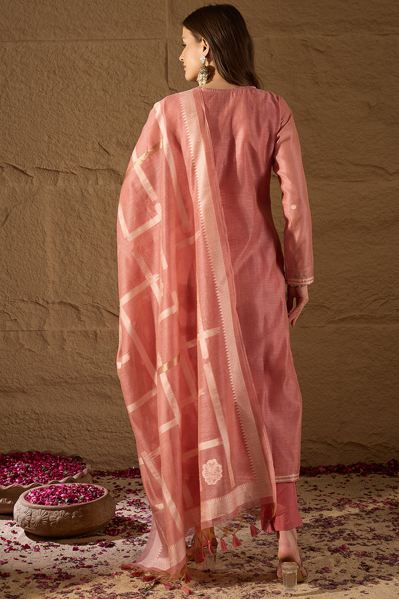 Pink Chanderi Solid Woven Design Straight Kurta Trousers With Dupatta SKSKD3029