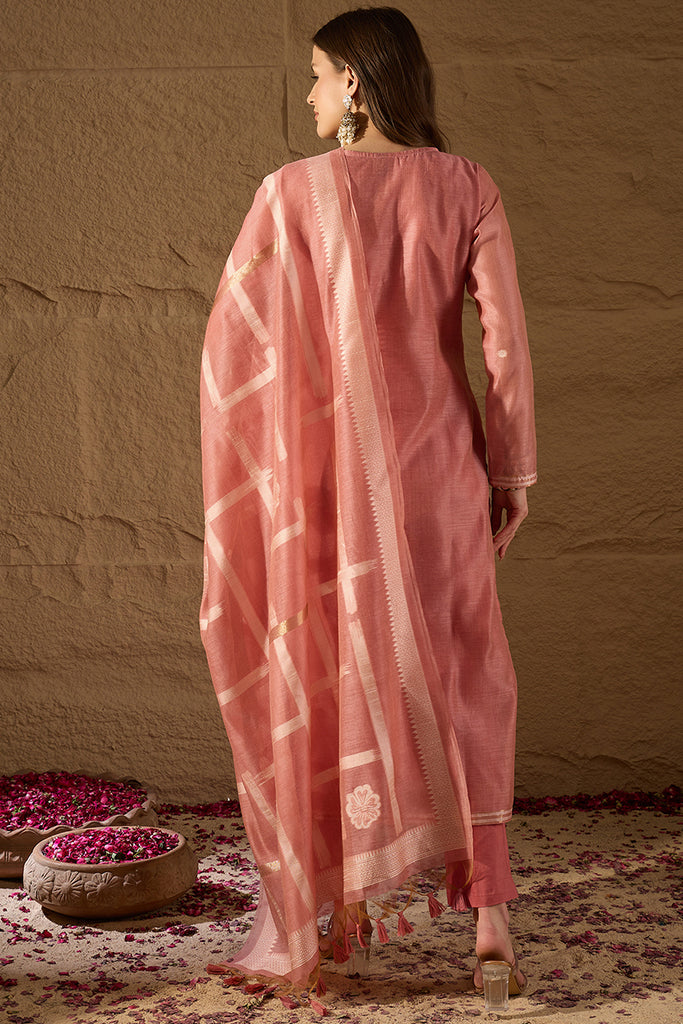 Pink Chanderi Solid Woven Design Straight Kurta Trousers With Dupatta SKSKD3029