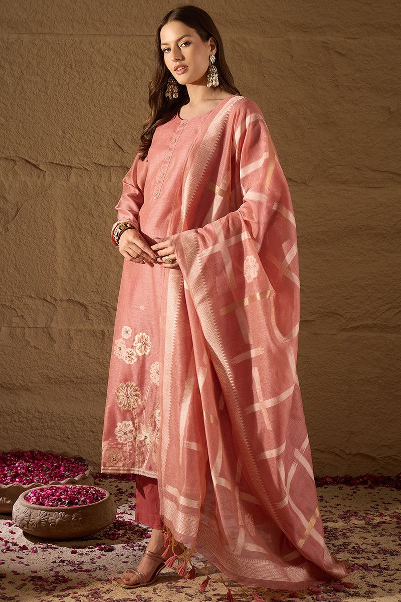 Pink Chanderi Solid Woven Design Straight Kurta Trousers With Dupatta SKSKD3029