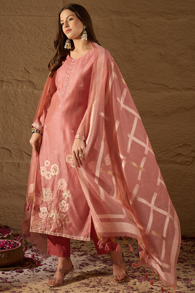 Pink Chanderi Solid Woven Design Straight Kurta Trousers With Dupatta SKSKD3029