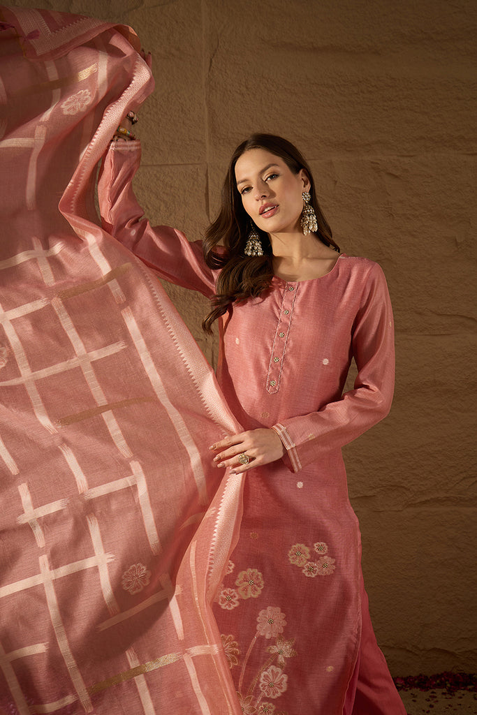 Pink Chanderi Solid Woven Design Straight Kurta Trousers With Dupatta SKSKD3029