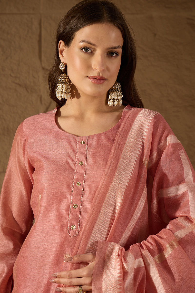 Pink Chanderi Solid Woven Design Straight Kurta Trousers With Dupatta SKSKD3029