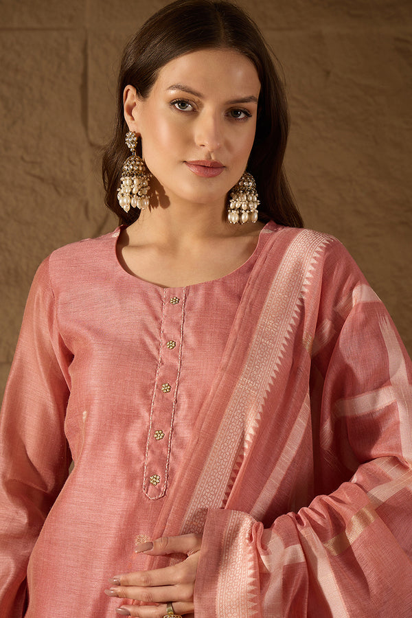 Pink Chanderi Solid Woven Design Straight Kurta Trousers With Dupatta SKSKD3029