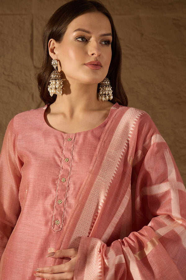 Pink Chanderi Solid Woven Design Straight Kurta Trousers With Dupatta SKSKD3029