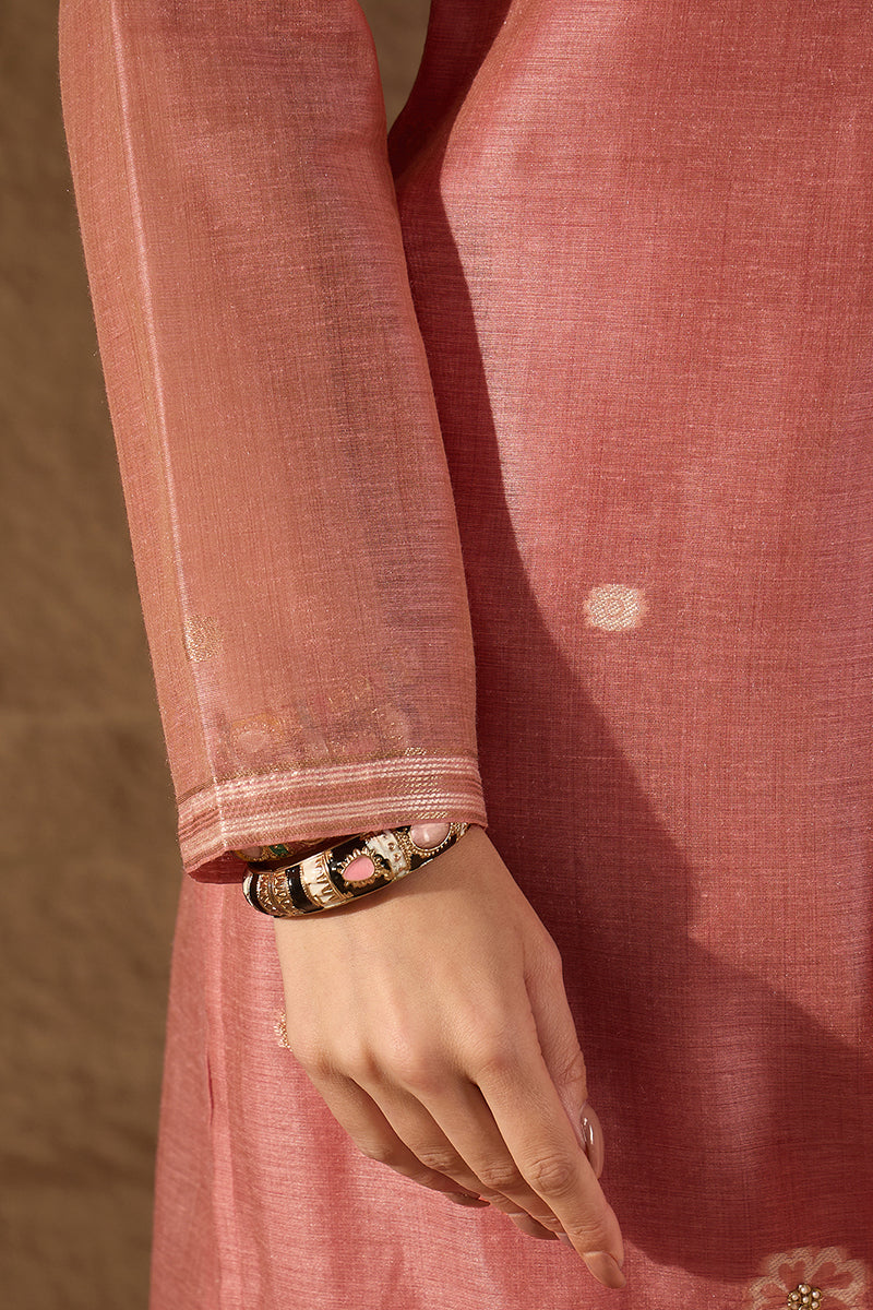 Pink Chanderi Solid Woven Design Straight Kurta Trousers With Dupatta SKSKD3029