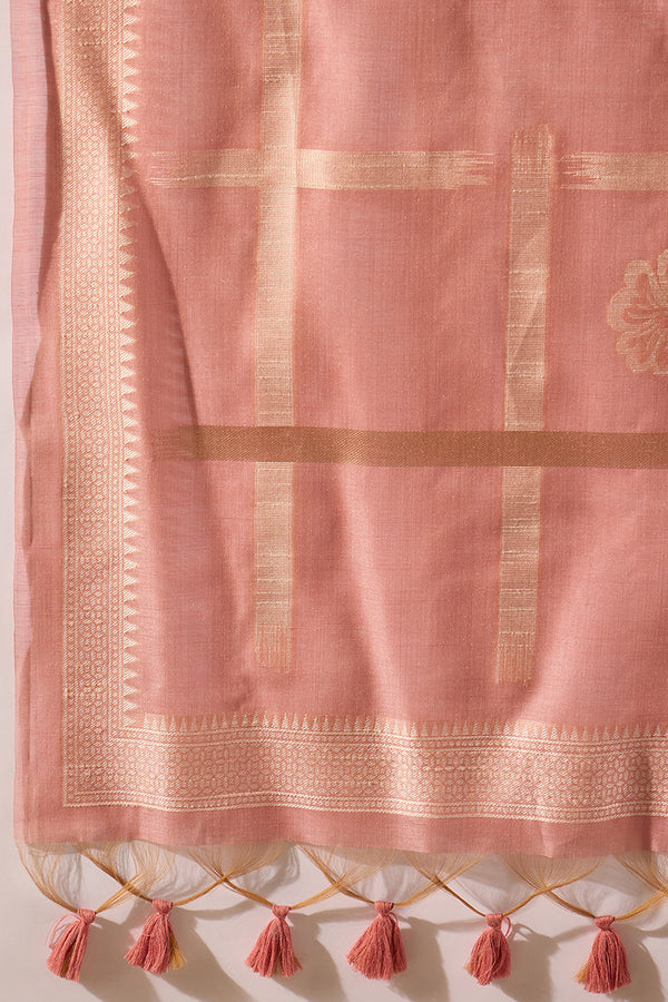 Pink Chanderi Solid Woven Design Straight Kurta Trousers With Dupatta SKSKD3029