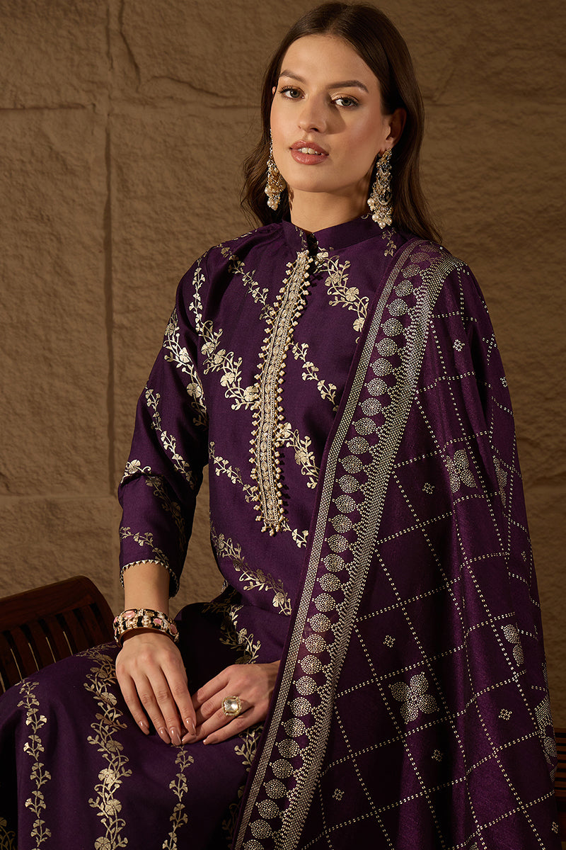 Purple Silk Blend Ethnic Motifs Printed Straight Kurta Sets SKSKD3041