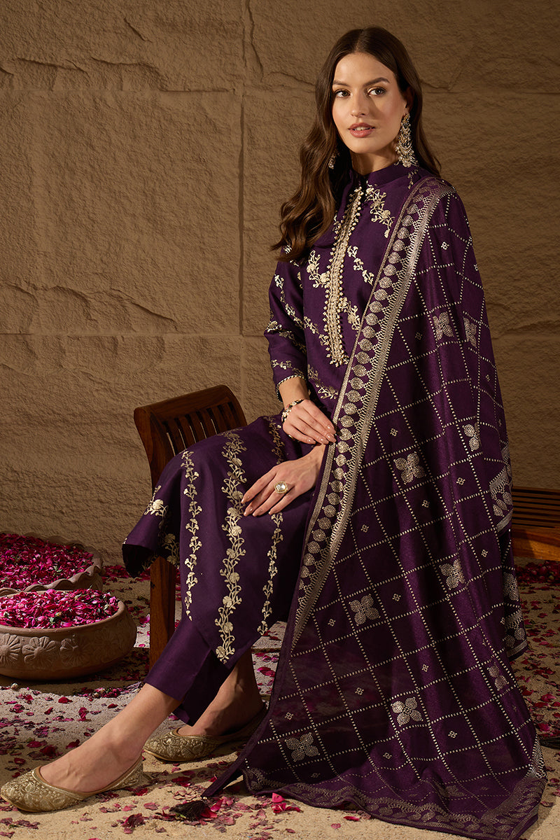 Purple Silk Blend Ethnic Motifs Printed Straight Kurta Sets SKSKD3041