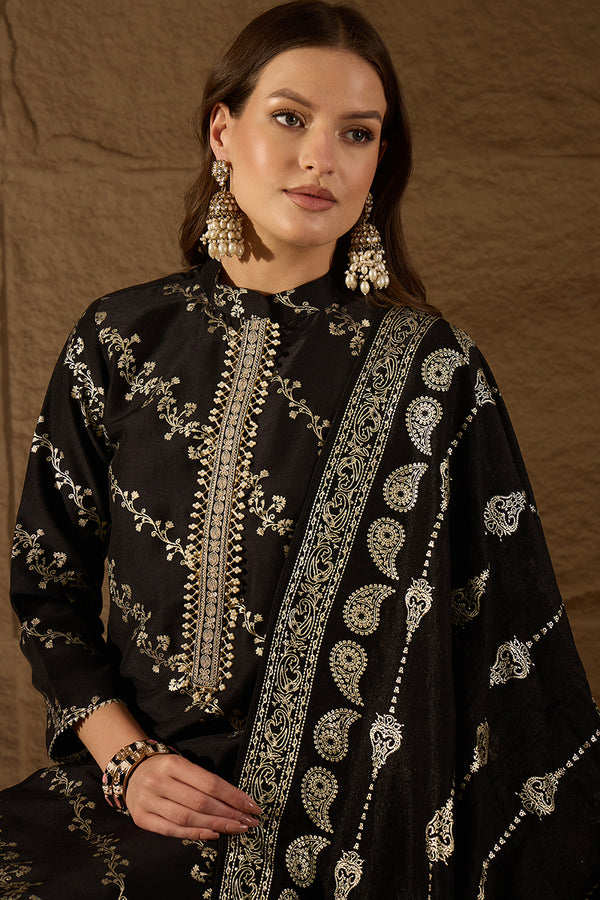 Black Silk Blend Ethnic Motifs Printed Straight Kurta Sets SETSKSKD3042 (M To 3XL Set)