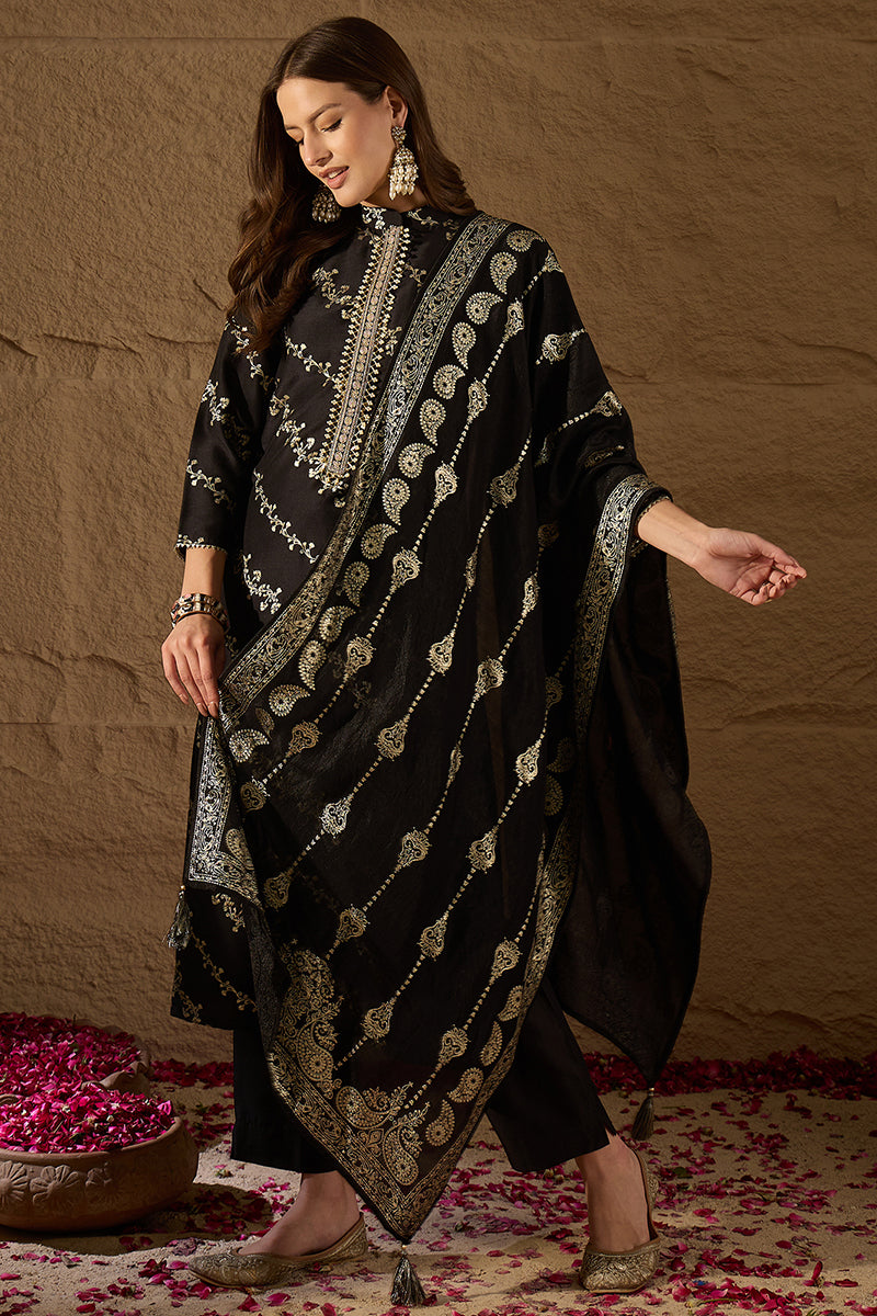 Black Silk Blend Ethnic Motifs Printed Straight Kurta Sets SETSKSKD3042 (M To 3XL Set)