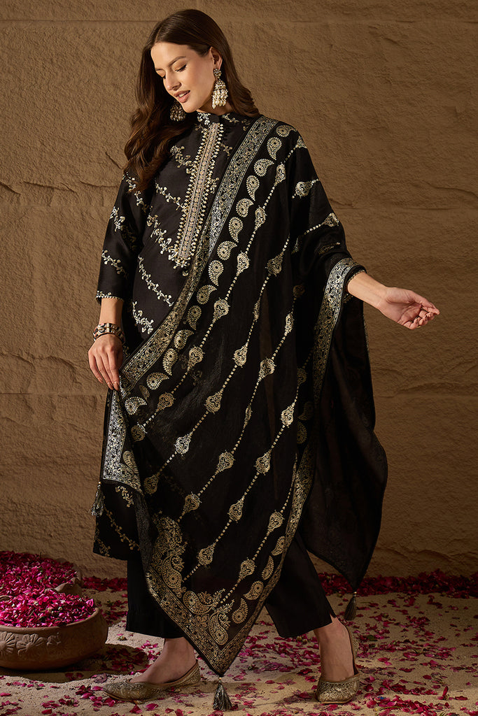 Black Silk Blend Ethnic Motifs Printed Straight Kurta Sets SETSKSKD3042 (M To 3XL Set)