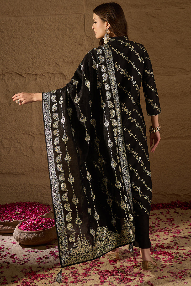 Black Silk Blend Ethnic Motifs Printed Straight Kurta Sets SETSKSKD3042 (M To 3XL Set)