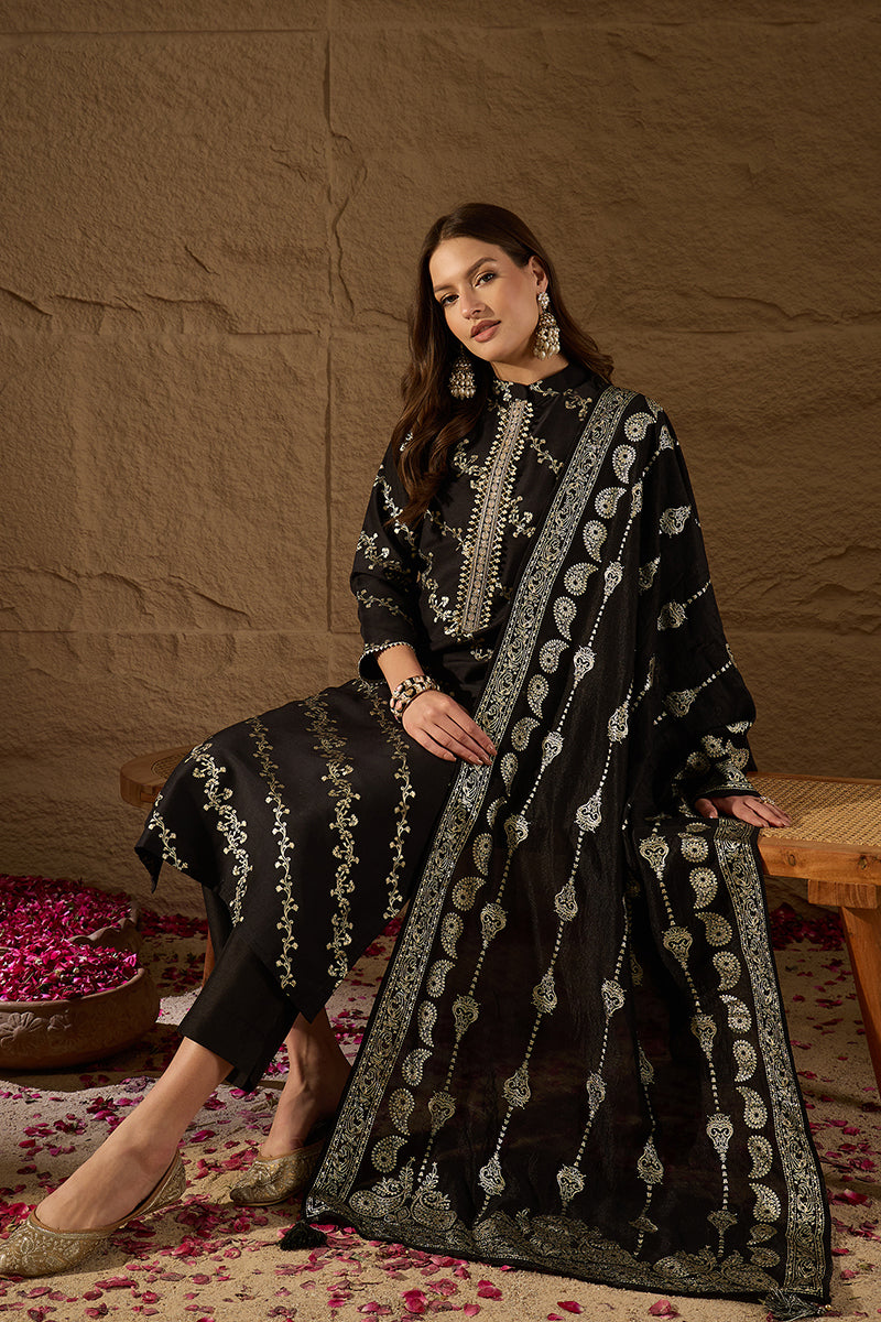 Black Silk Blend Ethnic Motifs Printed Straight Kurta Sets SETSKSKD3042 (M To 3XL Set)