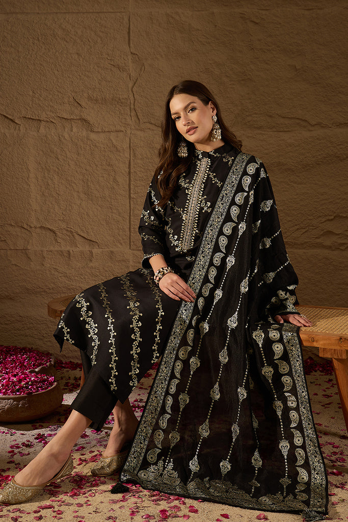 Black Silk Blend Ethnic Motifs Printed Straight Kurta Sets SETSKSKD3042 (M To 3XL Set)