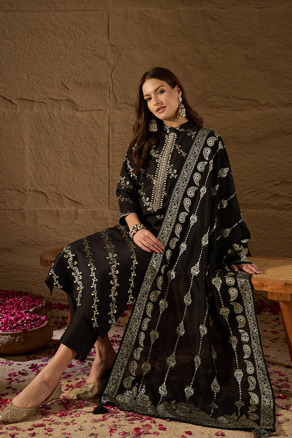 Black Silk Blend Ethnic Motifs Printed Straight Kurta Sets SETSKSKD3042 (M To 3XL Set)