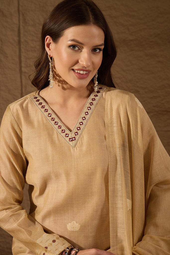 Beige Chanderi Solid Woven Design Straight Kurta Trousers With Dupatta SKSKD3046