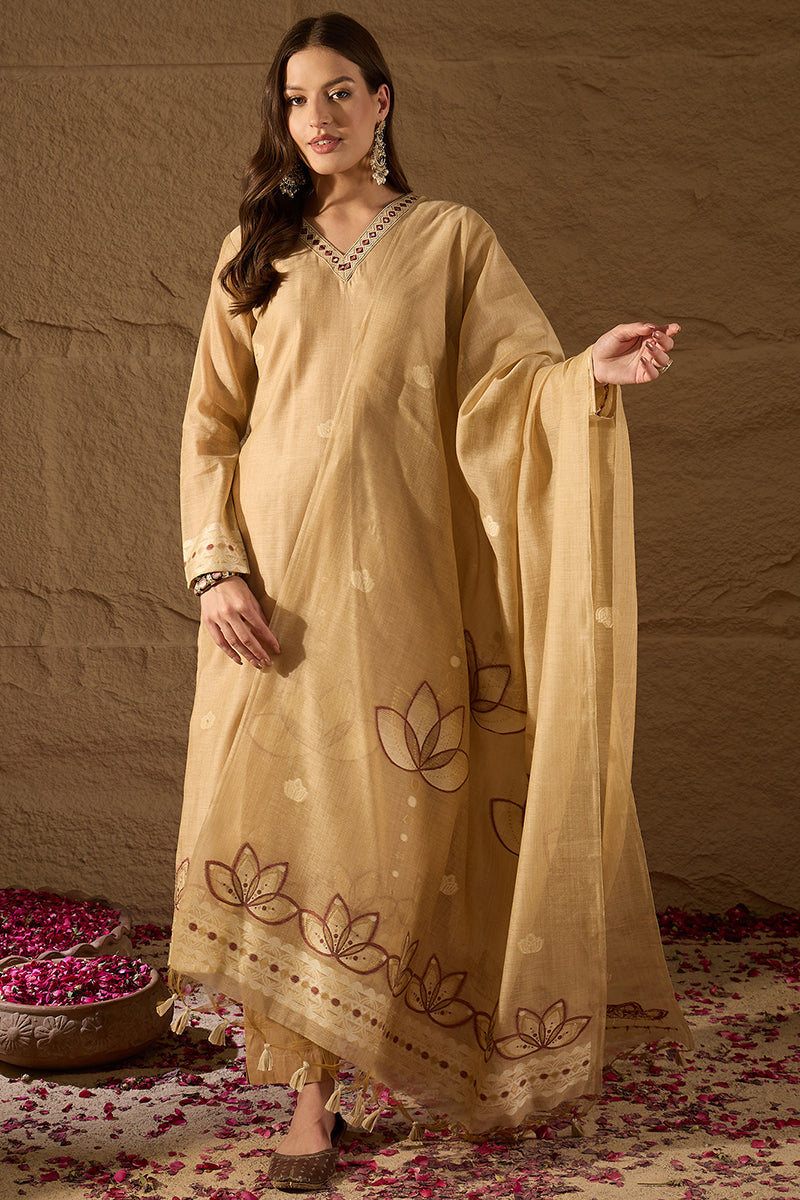 Beige Chanderi Solid Woven Design Straight Kurta Trousers With Dupatta SKSKD3046