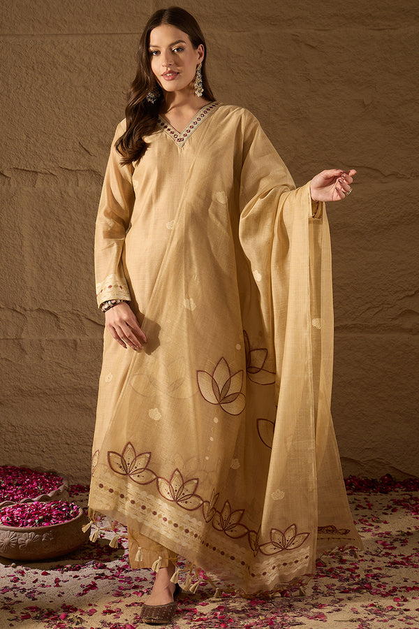 Beige Chanderi Solid Woven Design Straight Kurta Trousers With Dupatta SKSKD3046
