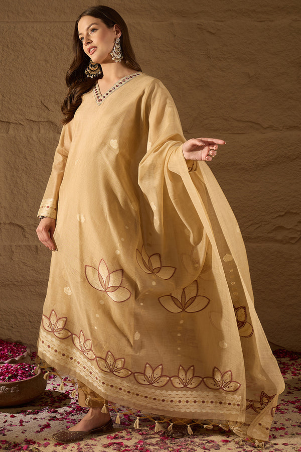 Beige Chanderi Solid Woven Design Straight Kurta Trousers With Dupatta SKSKD3046