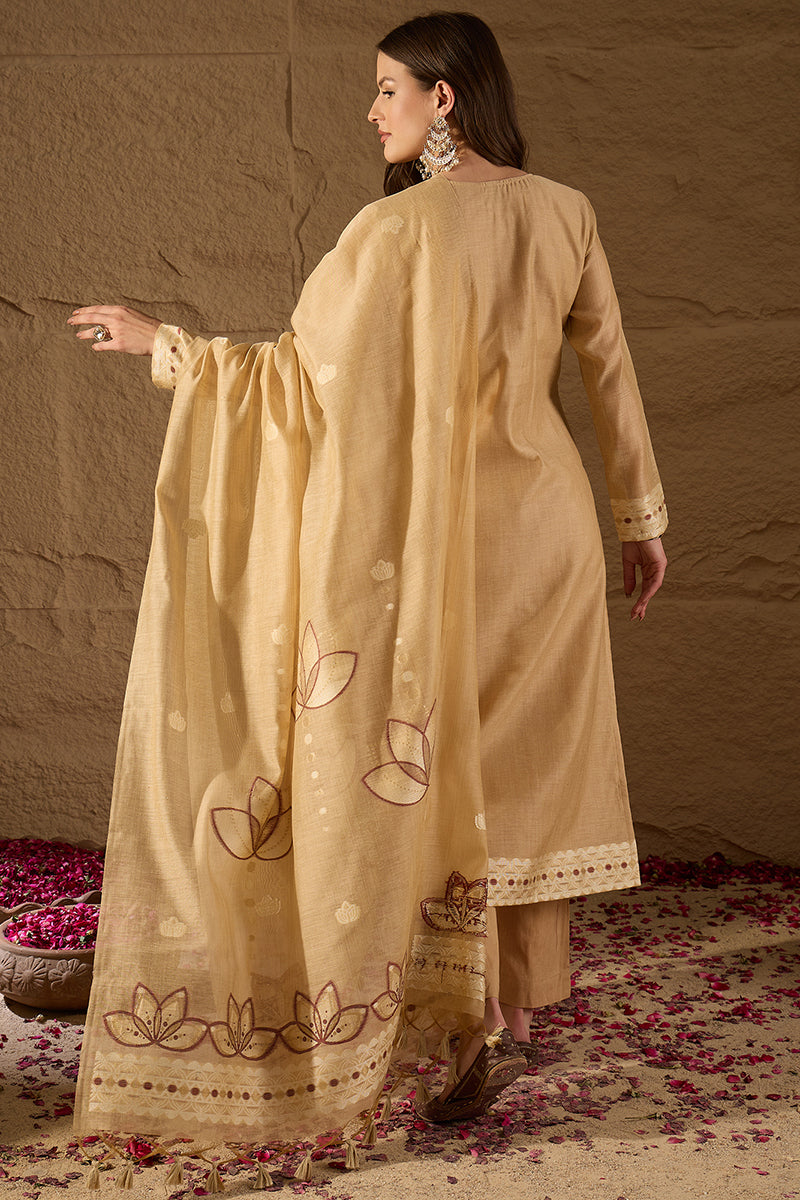 Beige Chanderi Solid Woven Design Straight Kurta Trousers With Dupatta SKSKD3046