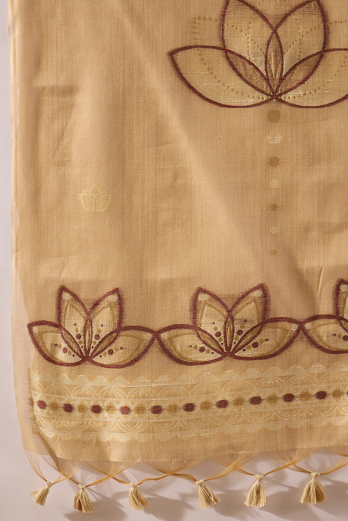Beige Chanderi Solid Woven Design Straight Kurta Trousers With Dupatta SKSKD3046